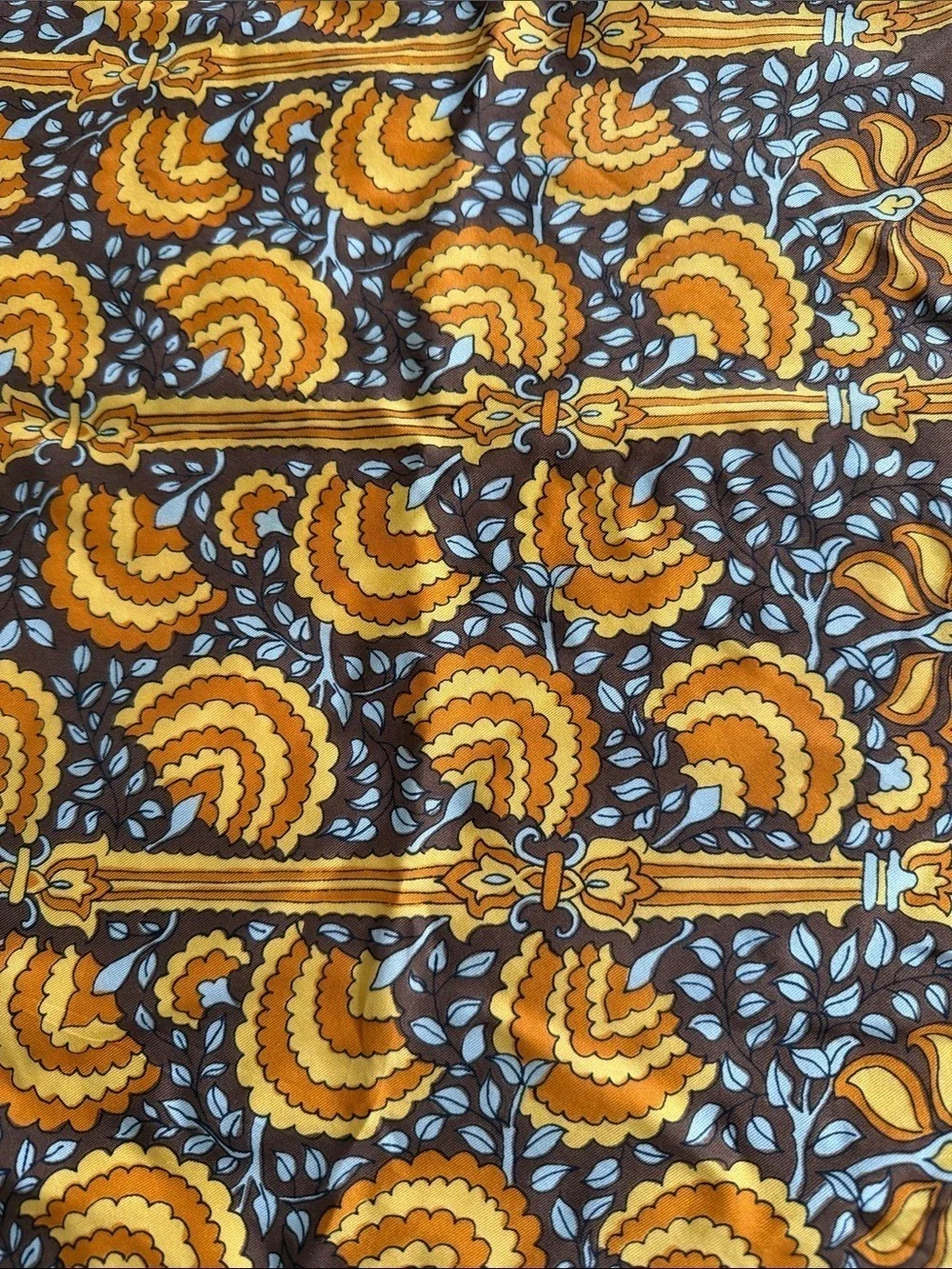 Vera Vintage Silk Floral Fan Print Scarf 22” Square Brown Yellow